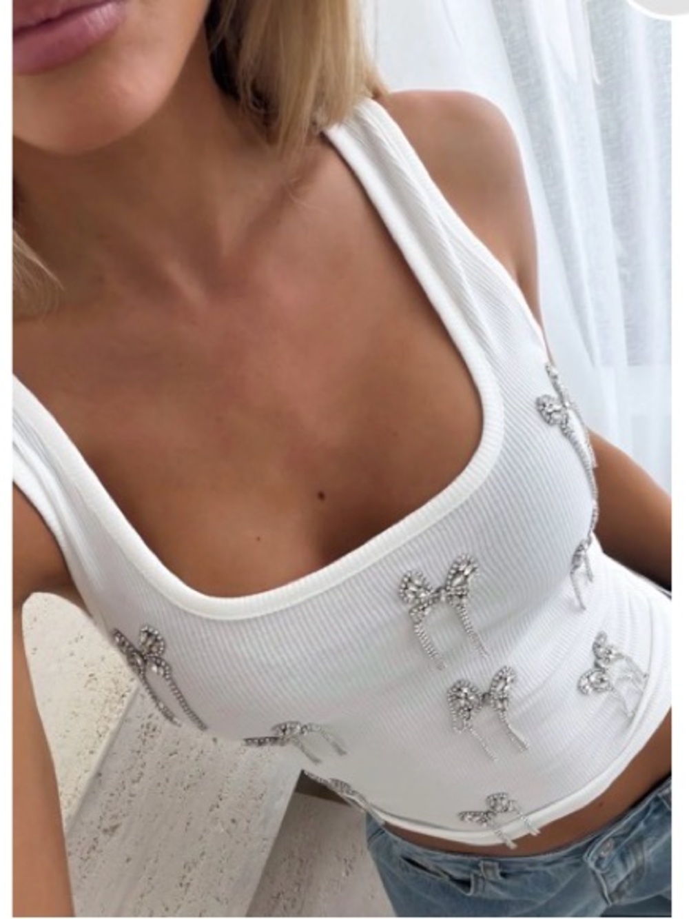 White Fox Boutique White Ribbed Tank with Crystal Bow Details